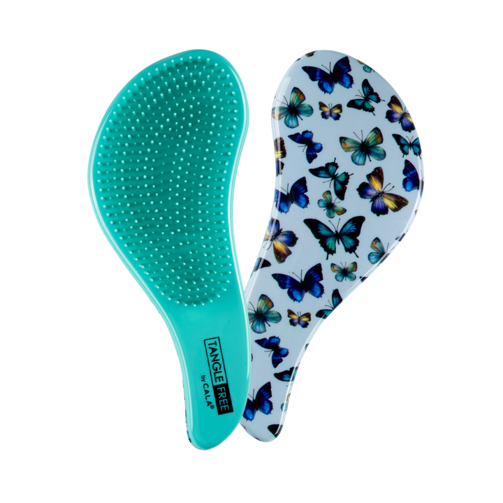 CALA Tangle Free hair brush with turquoise flexible bristles and multicolored butterfly-patterned back.