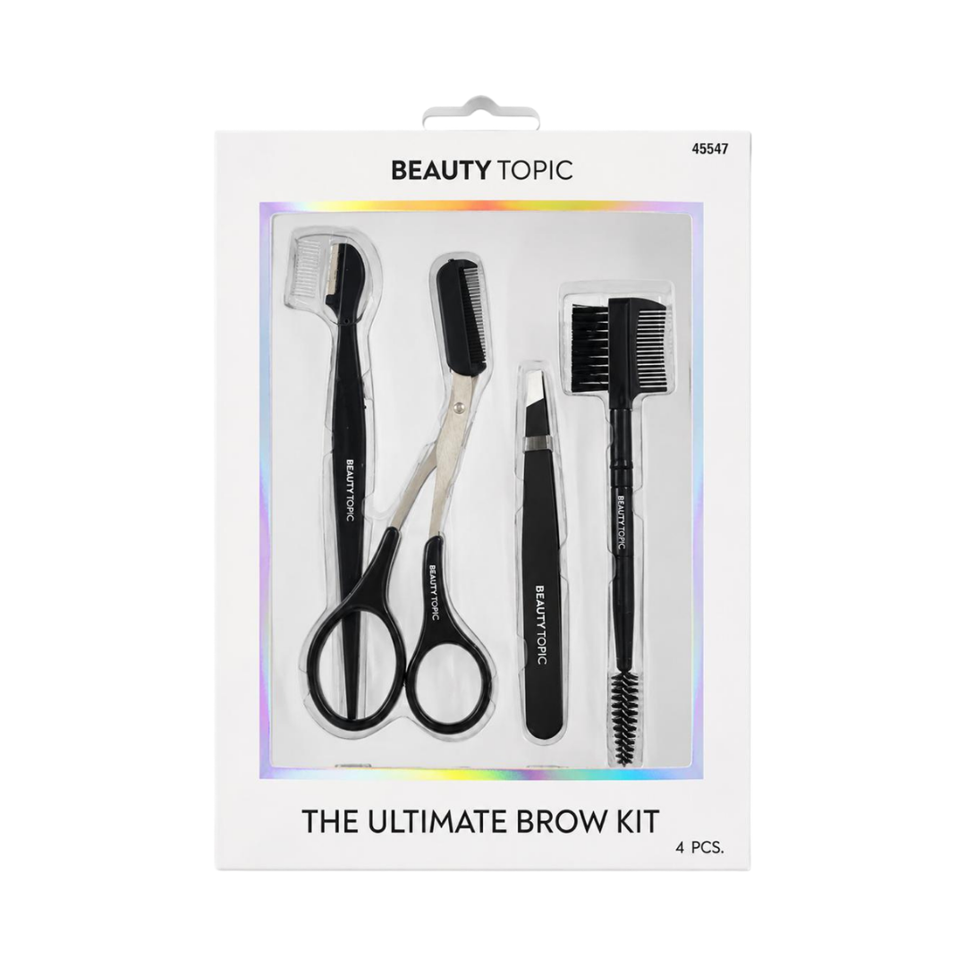 CALA Ultimate Brow Kit, four black grooming tools in white windowed retail packaging.