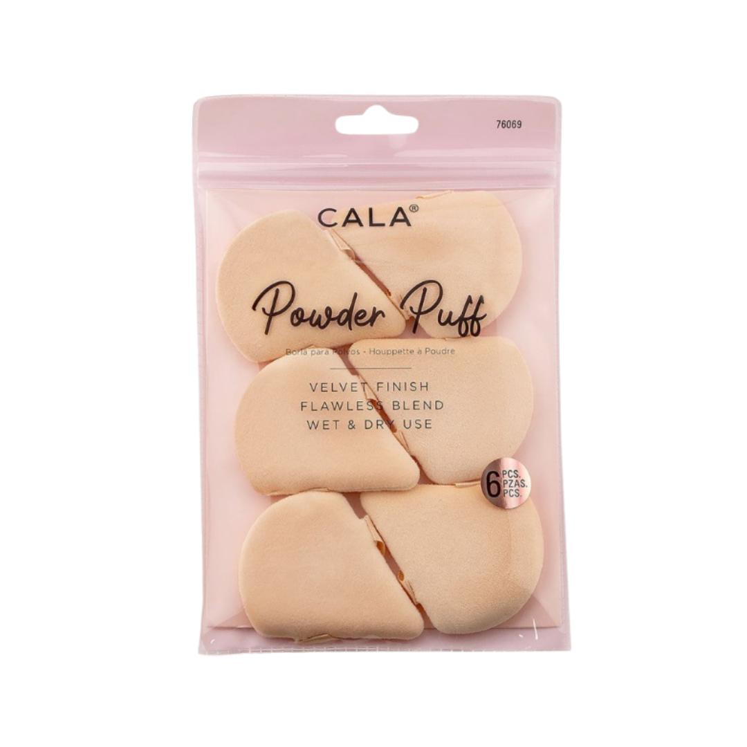 CALA Powder Puff, set of 6, designed for a velvet finish and flawless blend, suitable for both wet and dry use. The puffs come in a light beige color and are packaged in a clear pouch.