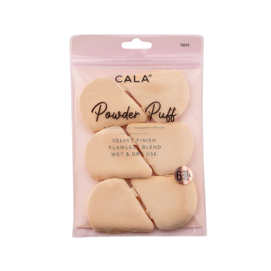 CALA Powder Puff, set of 6, designed for a velvet finish and flawless blend, suitable for both wet and dry use. The puffs come in a light beige color and are packaged in a clear pouch.