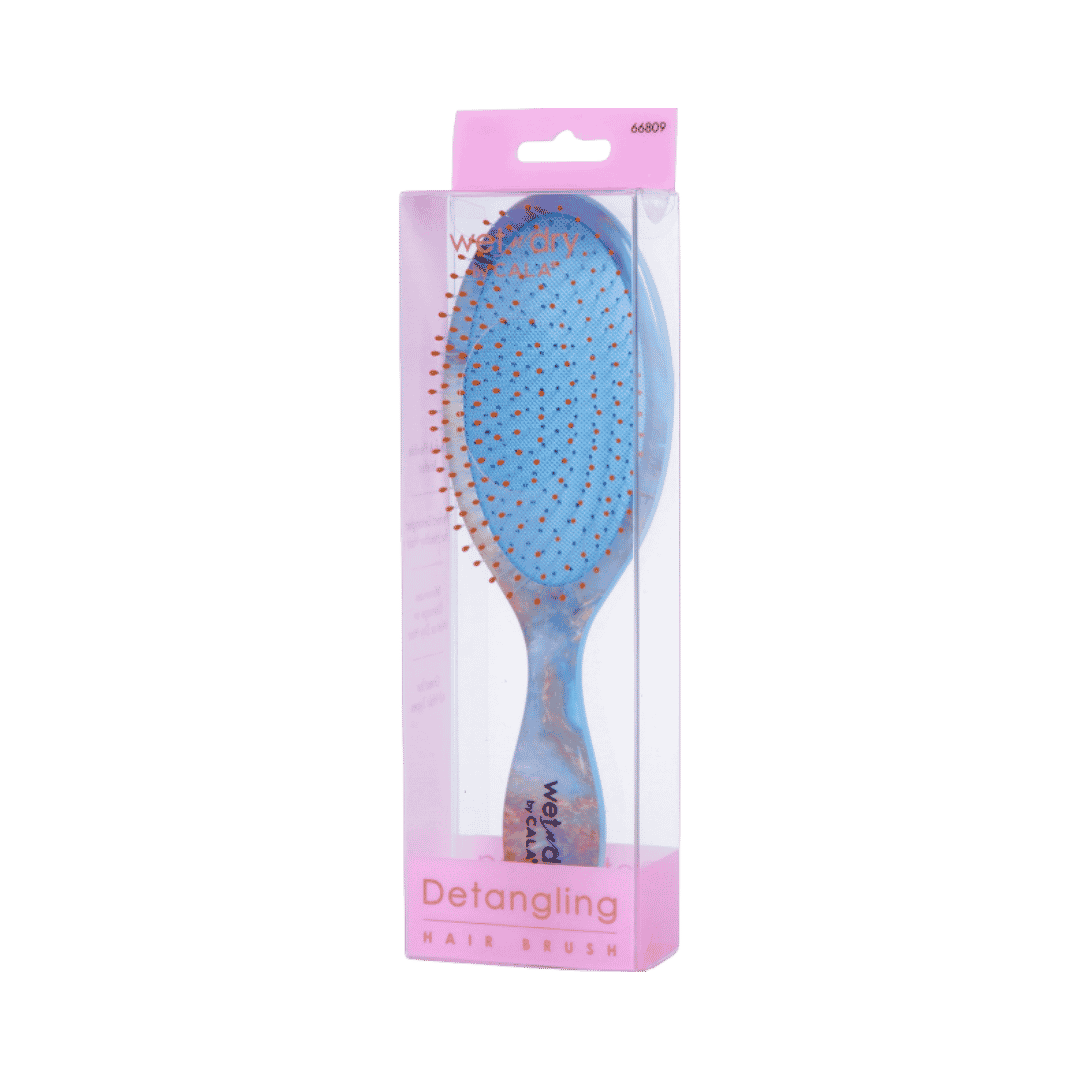CALA Wet & Dry detangling hair brush, blue marbled paddle design with orange-tipped bristles and pink packaging.