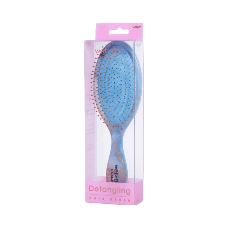 CALA Wet & Dry detangling hair brush, blue marbled paddle design with orange-tipped bristles and pink packaging.