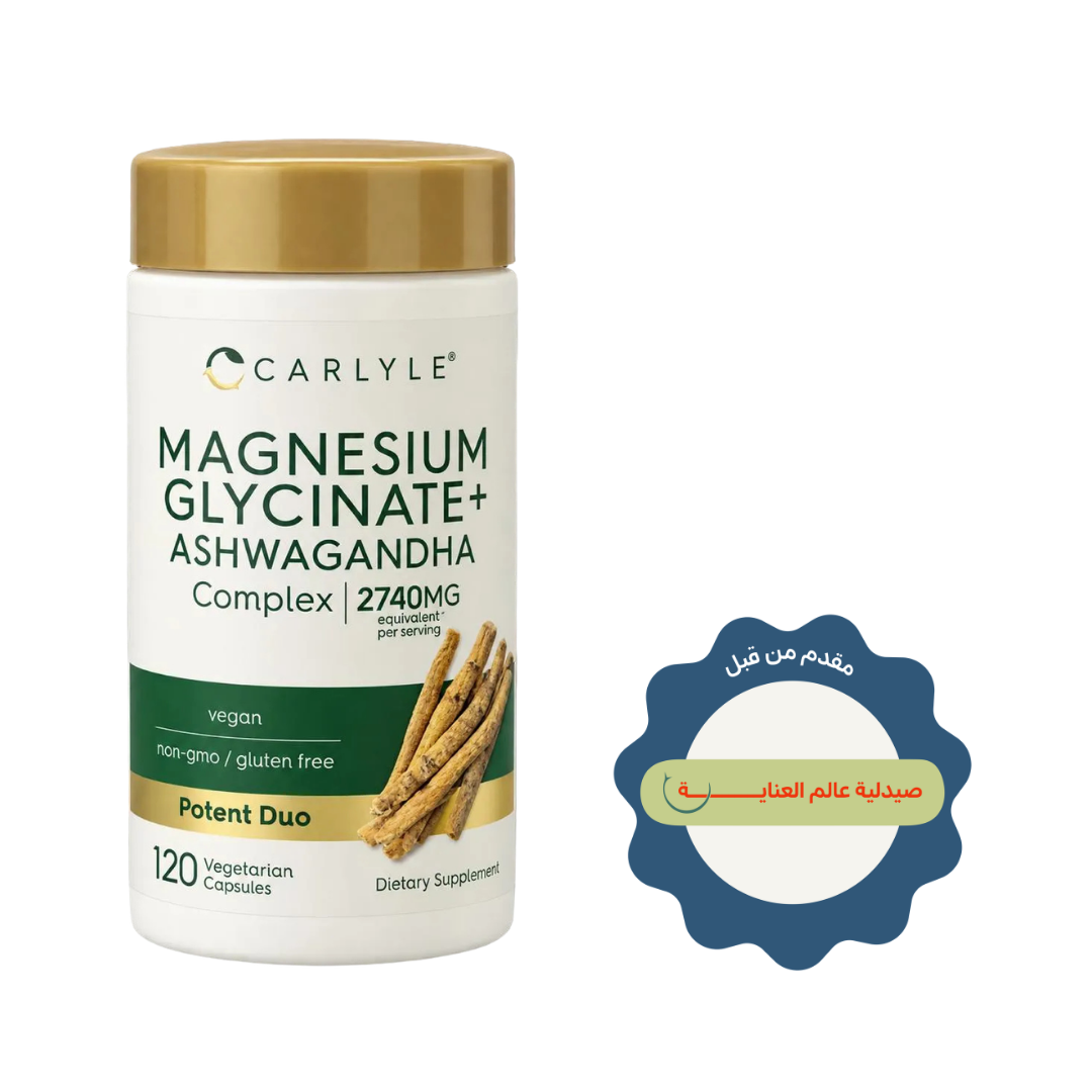 Carlyle Magnesium Glycinate Ashwagandha Complex dietary supplement, 120 vegetarian capsules bottle.