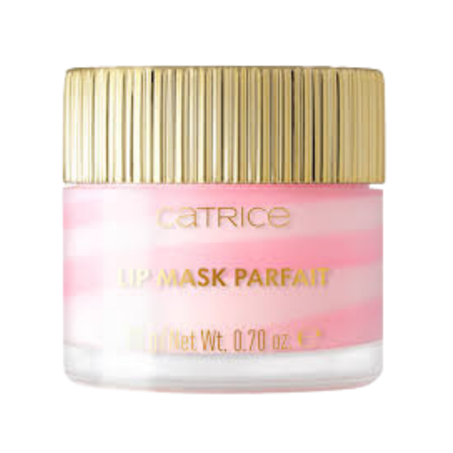 CATRICE Lip Mask Parfait, 20g, pink-and-white jar with ribbed gold screw-top lid