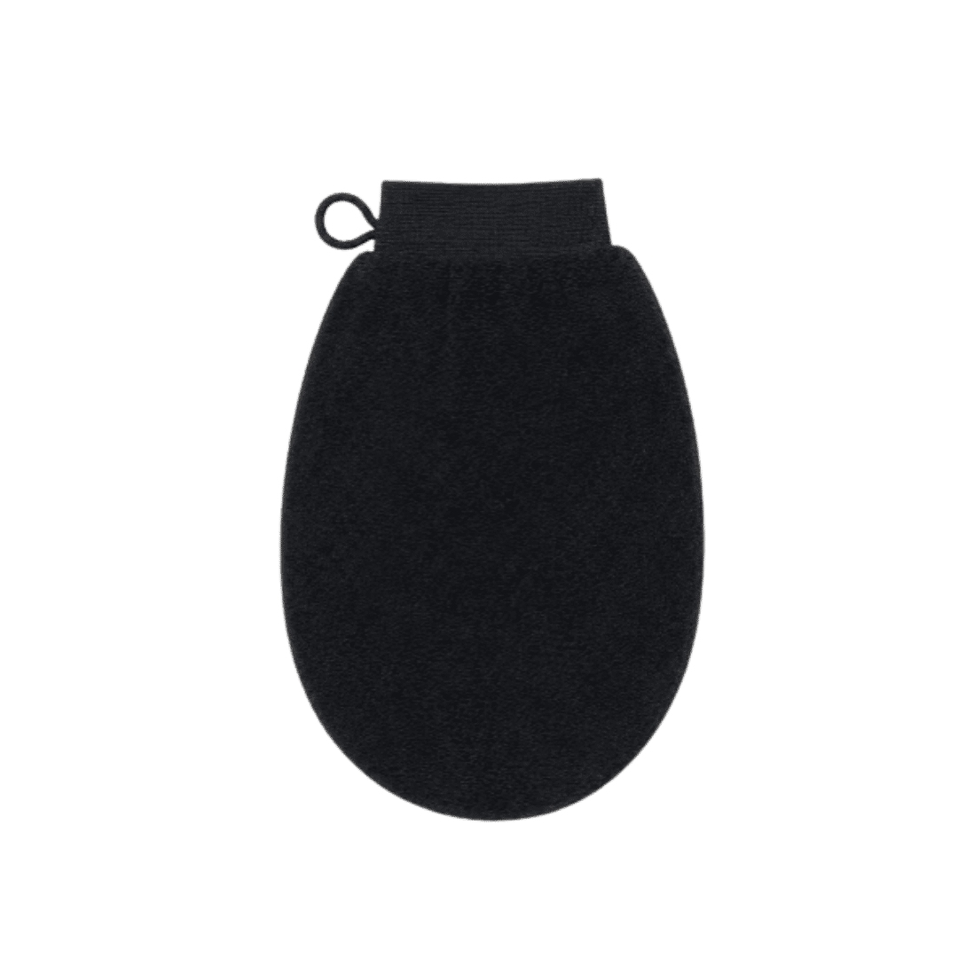 Black textured exfoliating bath mitt with elastic cuff and small hanging loop