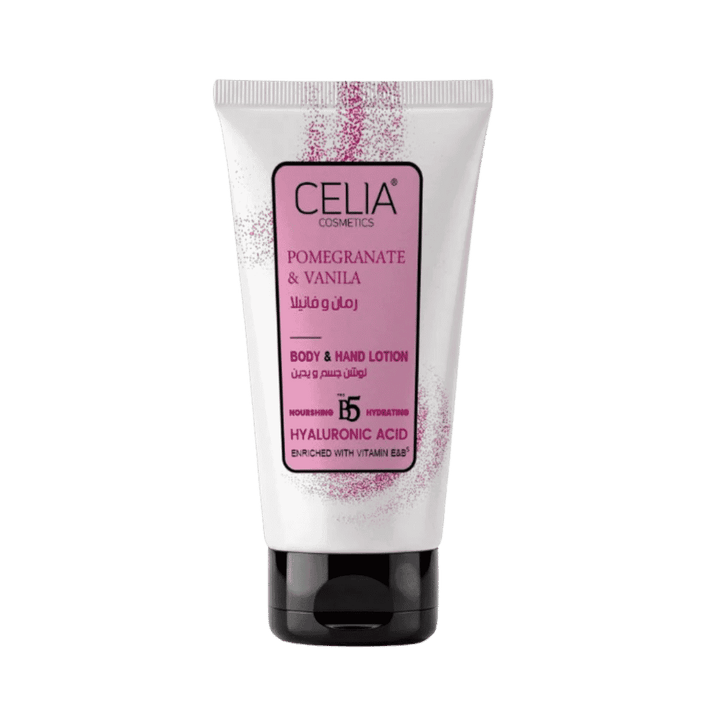 CELIA Cosmetics pomegranate and vanilla body and hand lotion, 150ml, white tube with black cap.