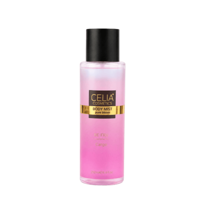 Celia Cosmetics Pure Bloom Body Mist, 250 ml, pink transparent bottle with black cap and gold label.
