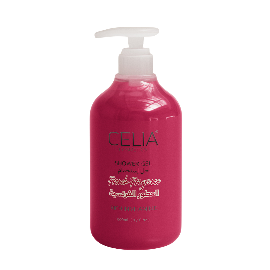 Celia Cosmetics French Fragrance shower gel, 500ml pink pump bottle with white dispenser.