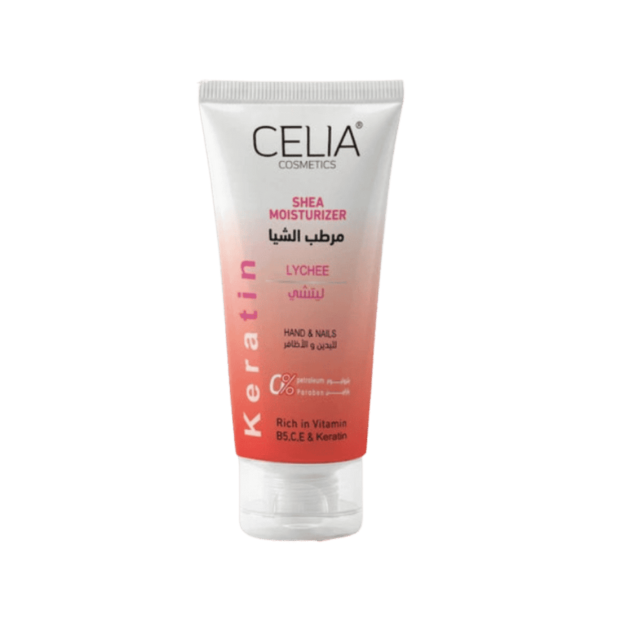 Celia Cosmetics Shea Moisturizer Lychee hand and nail cream, white and coral squeeze tube with clear cap.