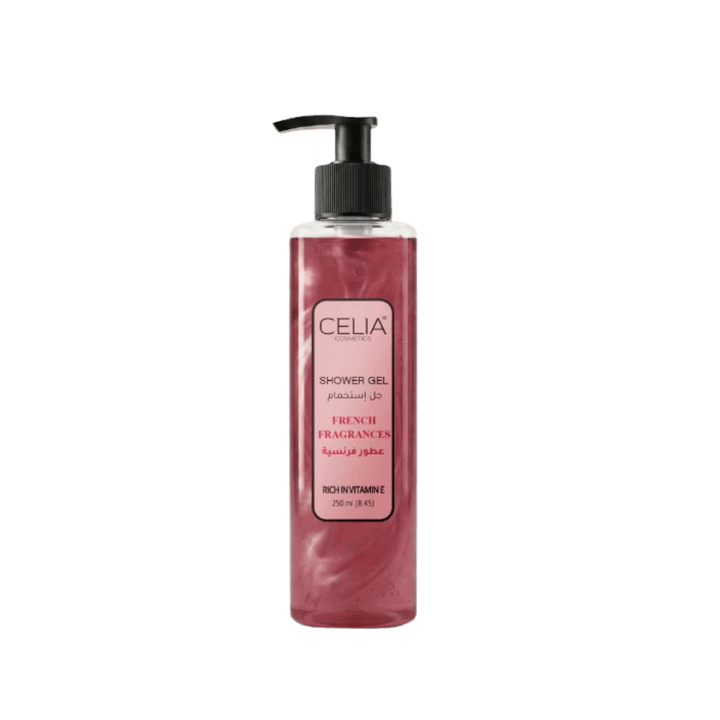 Celia Cosmetics Shower Gel French Fragrances, 250 ml, pink transparent pump bottle with black dispenser.