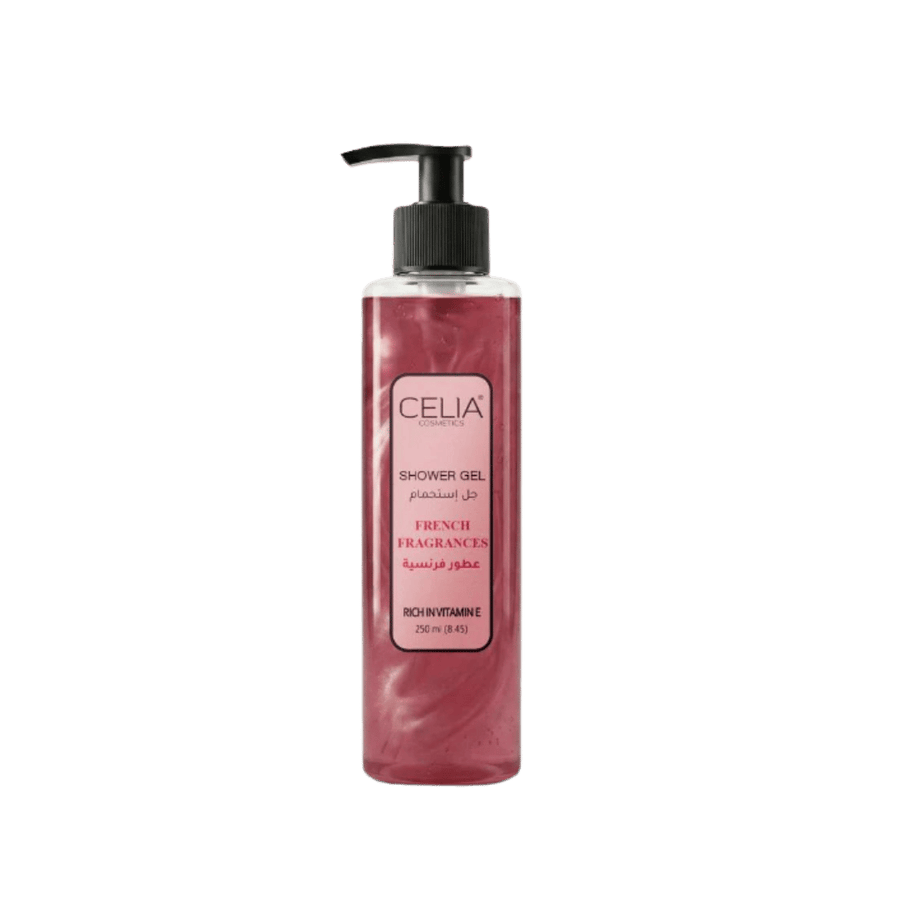 Celia Cosmetics Shower Gel French Fragrances, 250 ml, pink transparent pump bottle with black dispenser.