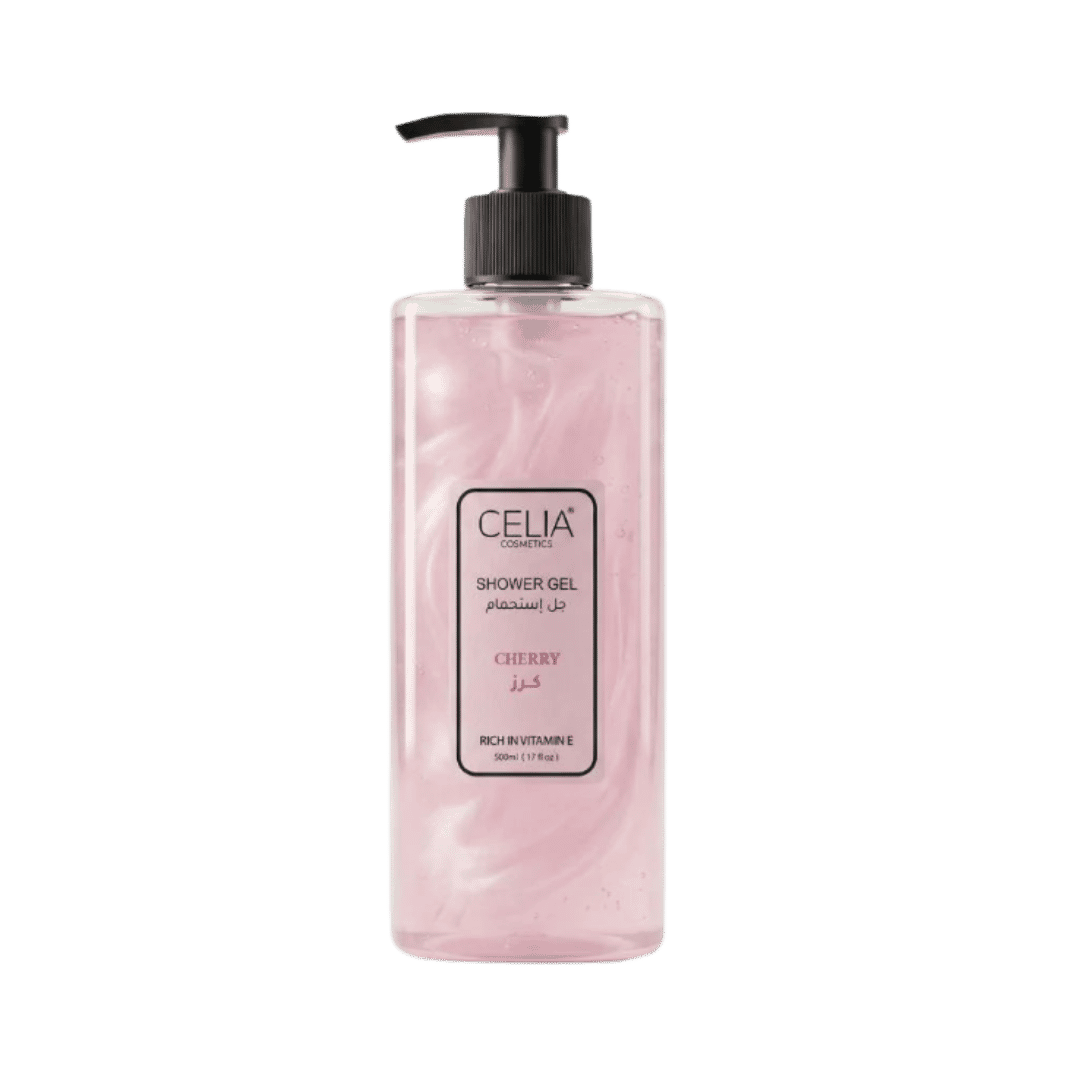 CELIA Cosmetics cherry shower gel, 500ml, transparent pump bottle containing pink gel enriched with vitamin E.