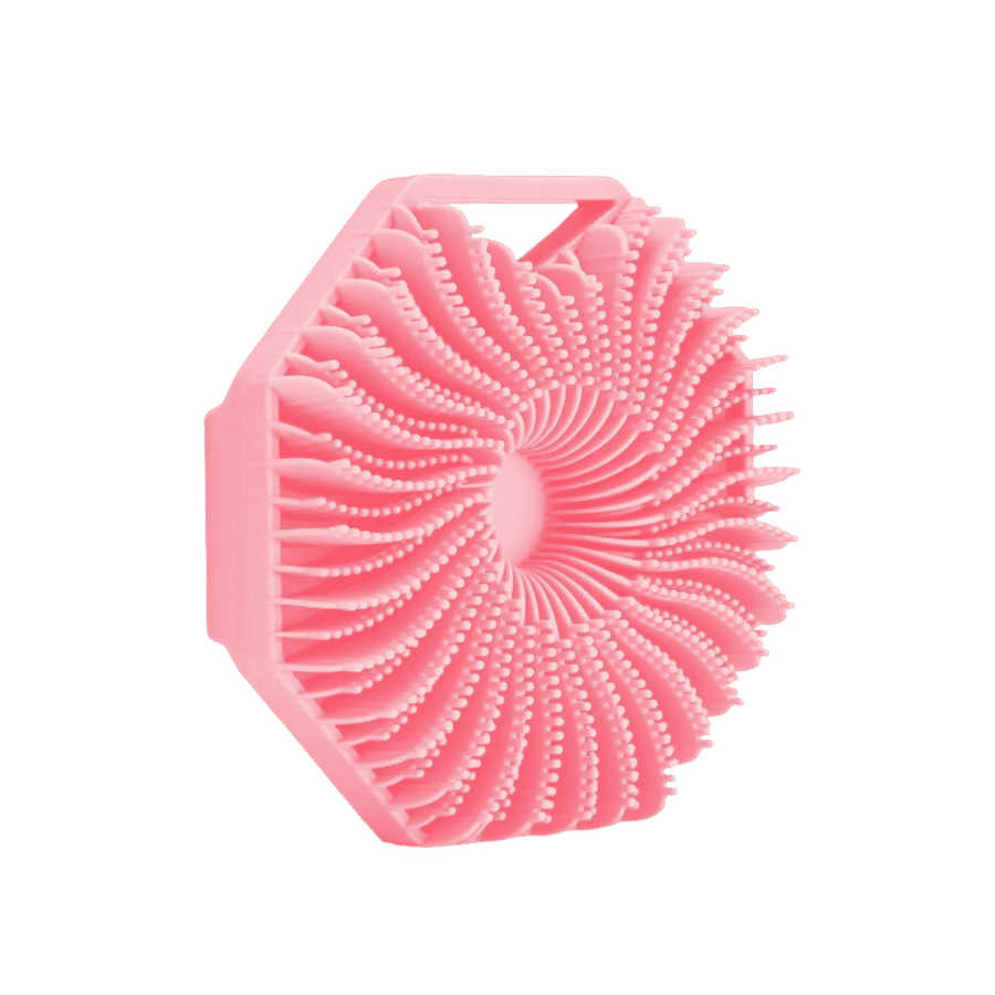 Pink silicone scalp massage brush, flexible hair shampoo scrubber with soft bristles for exfoliating scalp