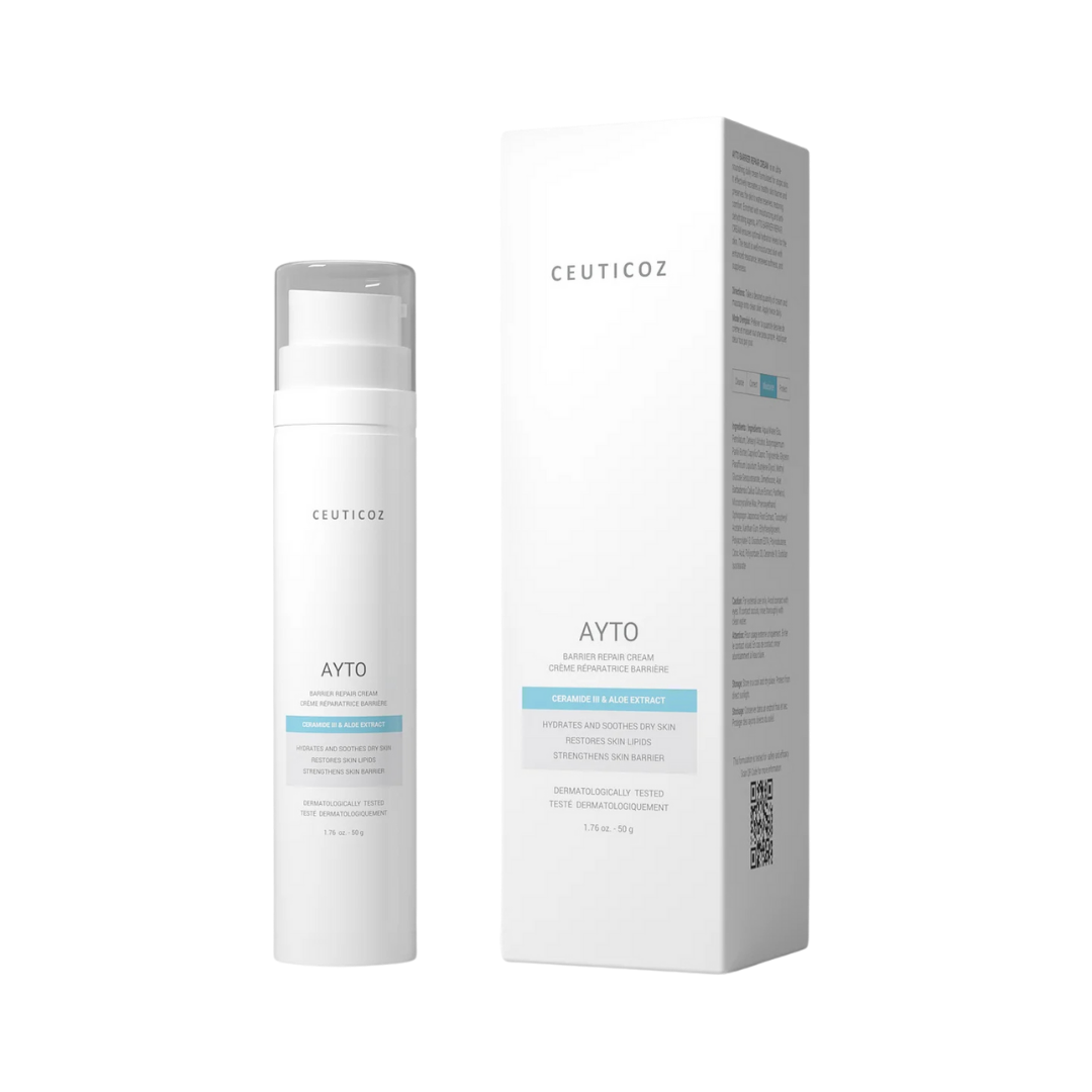 Ceuticoz AYTO Barrier Repair Cream 50g, white pump bottle with clear cap, matching white retail box