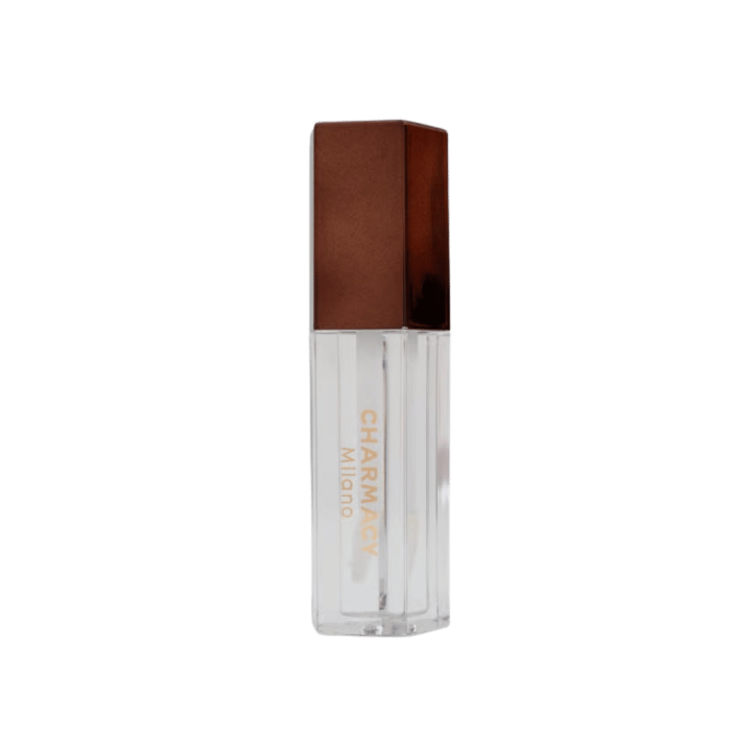 Charmacy Milano lip gloss with brown cap, clear container.