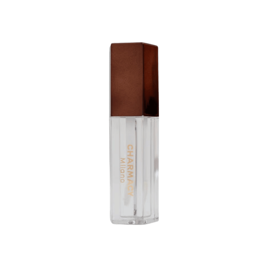 Charmacy Milano lip gloss with brown cap, clear container.