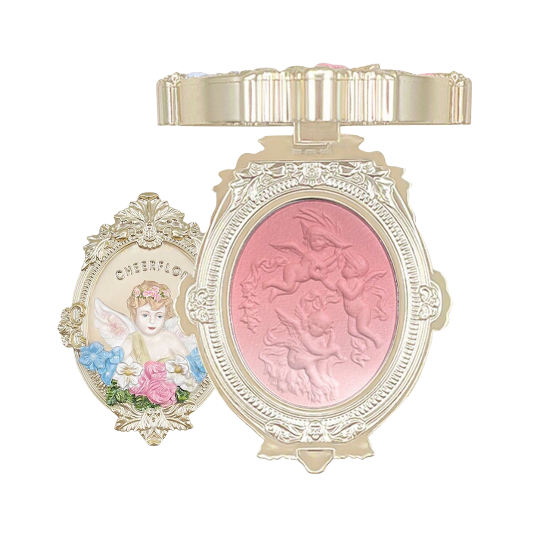 Canmake blush compact set with ornate oval cases, pink pressed powder, embossed cherub design, cream-colored packaging
