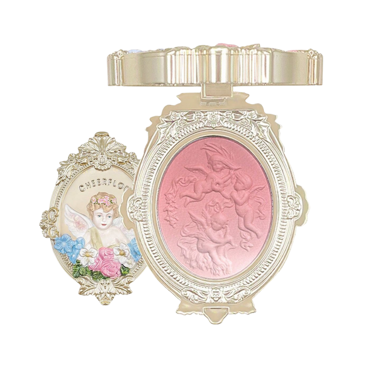 Canmake blush compact set with ornate oval cases, pink pressed powder, embossed cherub design, cream-colored packaging
