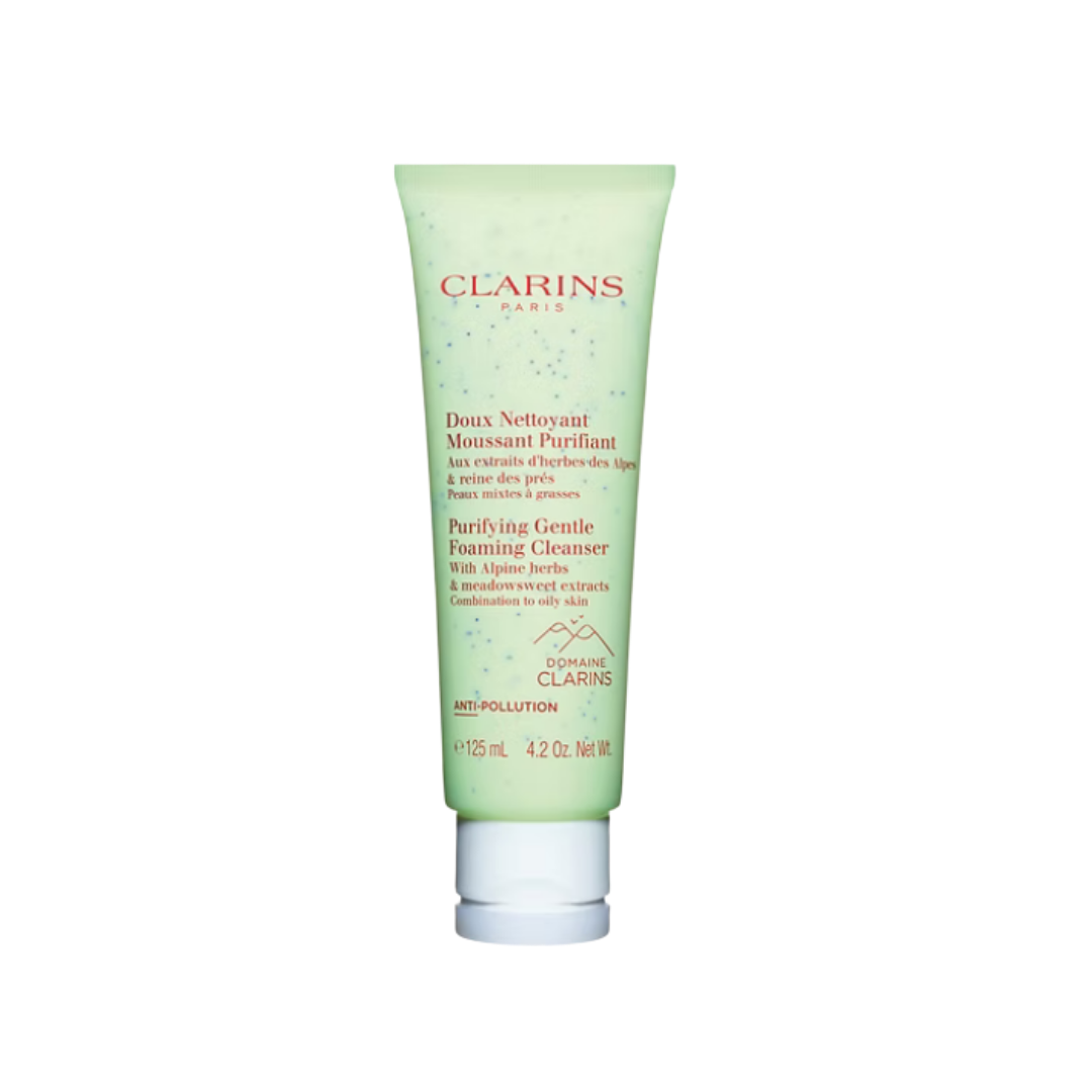 Clarins Purifying Gentle Foaming Cleanser for combination to oily skin, 125 ml, green tube with white cap.