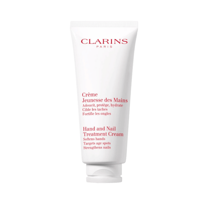 Clarins Hand and Nail Treatment Cream tube, white packaging, hand cream, 100ml size, red text details.