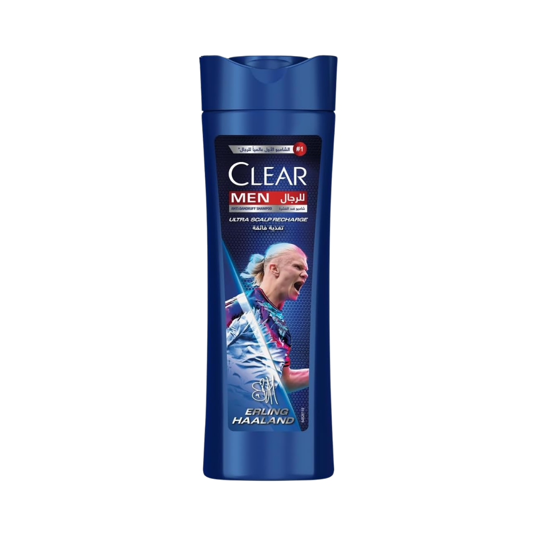 Clear Men Anti-Dandruff Shampoo with Ultra Scalp Recharge, featuring Erling Haaland, for a revitalizing scalp experience.