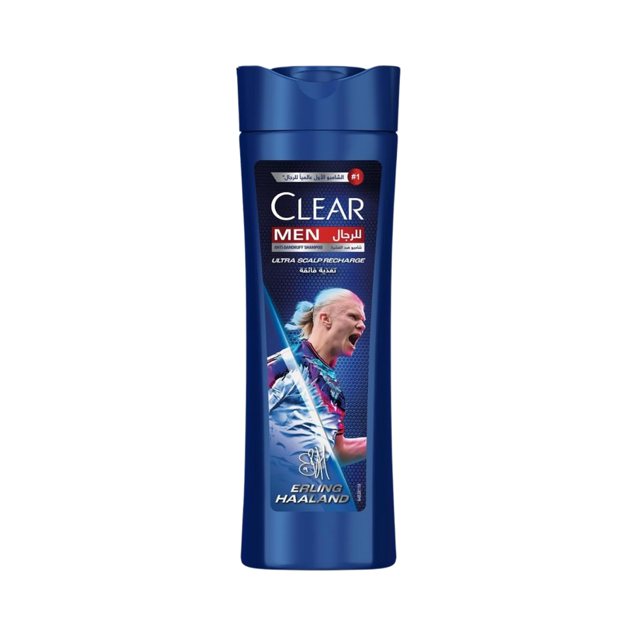 Clear Men Anti-Dandruff Shampoo with Ultra Scalp Recharge, featuring Erling Haaland, for a revitalizing scalp experience.