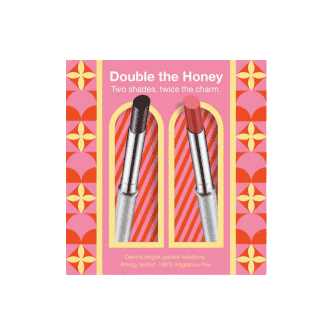 Clinique Double the Honey lipstick duo gift set with Black Honey and Pink Honey shades.