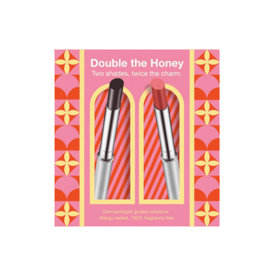 Clinique Double the Honey lipstick duo gift set with Black Honey and Pink Honey shades.