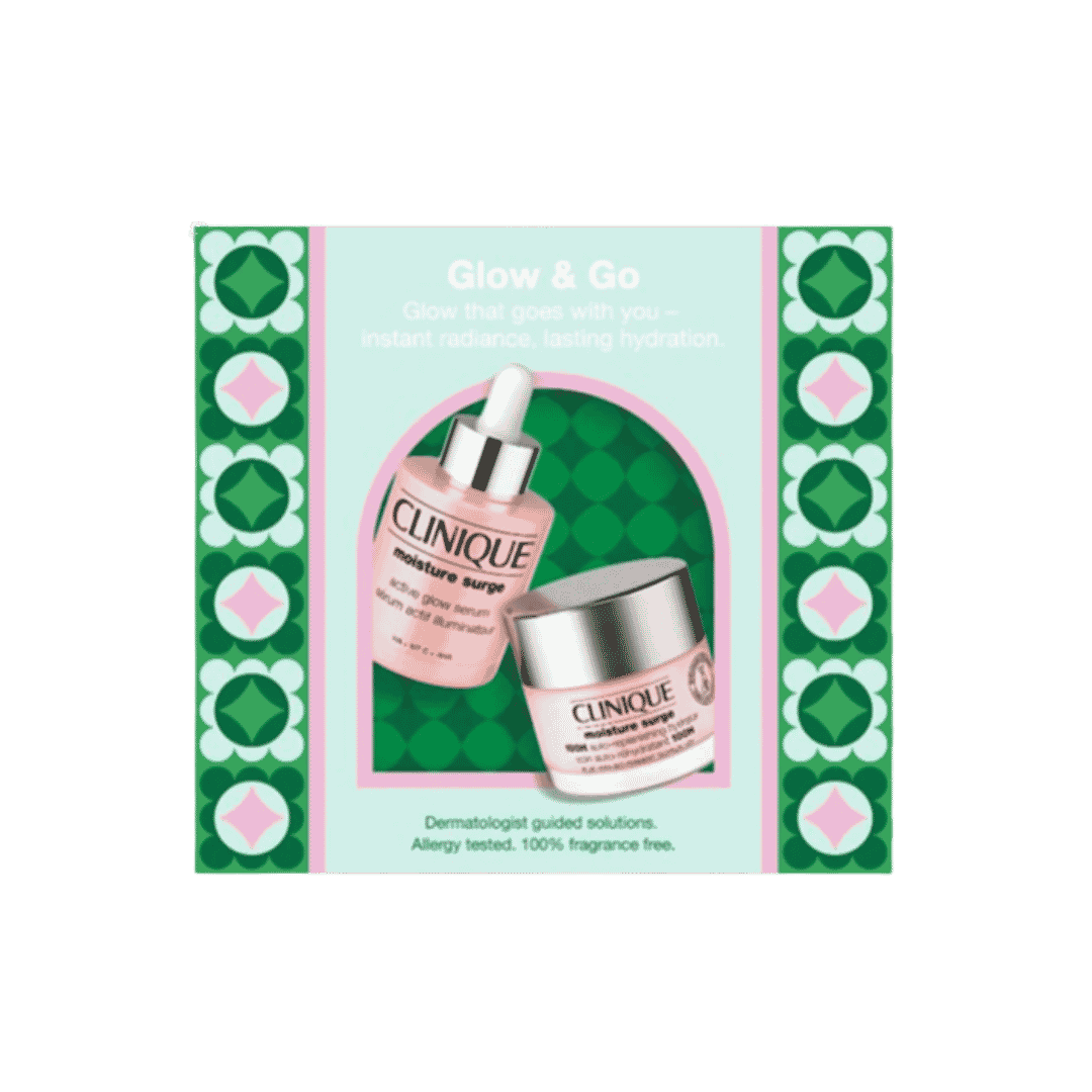 Clinique Glow & Go Moisture Surge set graphic with serum bottle, moisturizer jar, and green patterned frame