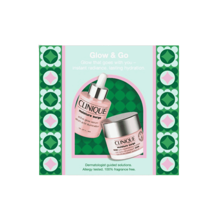 Clinique Glow & Go Moisture Surge set graphic with serum bottle, moisturizer jar, and green patterned frame
