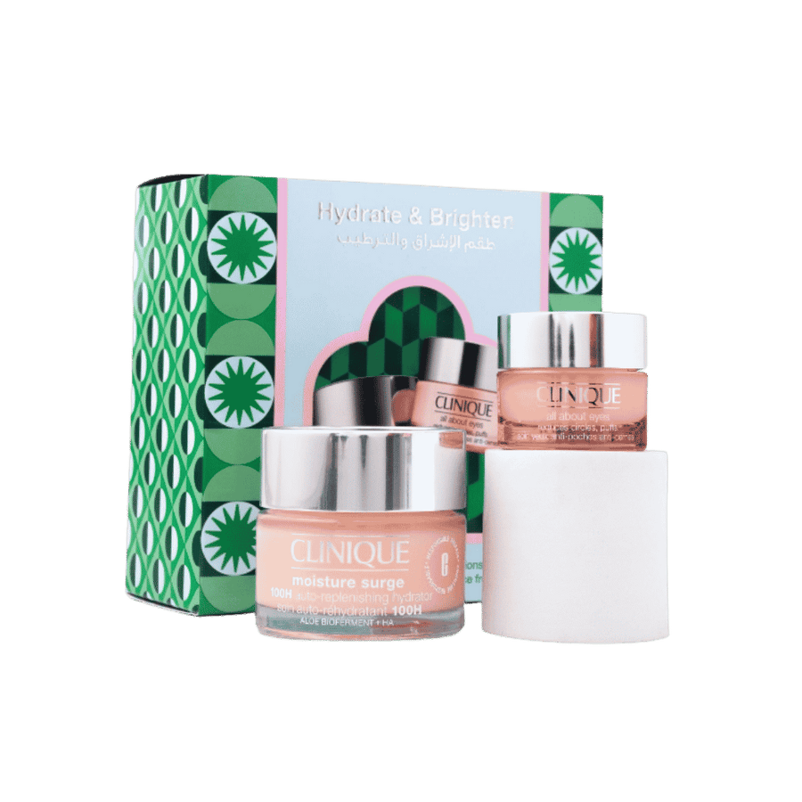 Clinique Hydrate & Brighten set with Moisture Surge jar, All About Eyes cream, and patterned box
