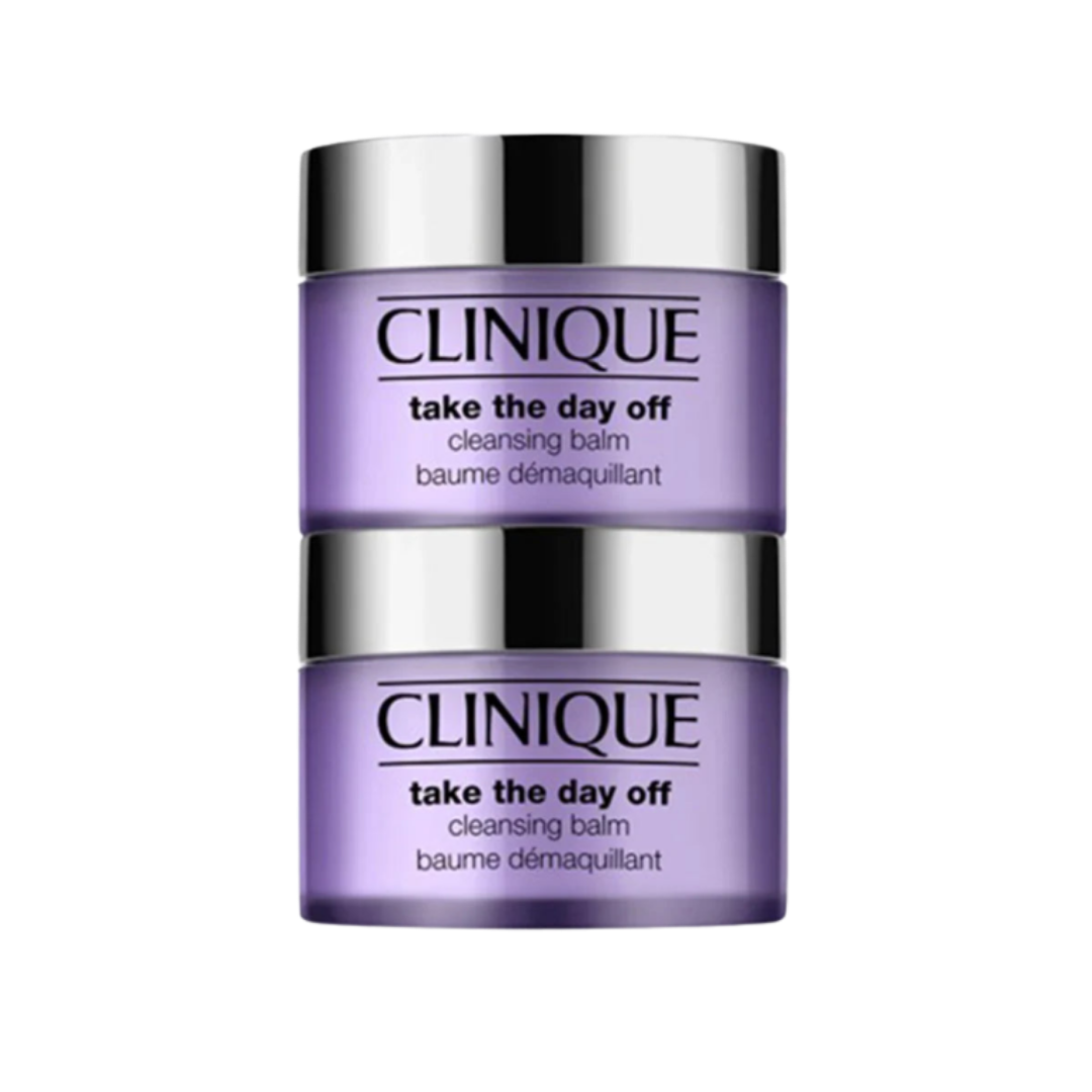Clinique Take The Day Off cleansing balm duo in purple jars with silver lids