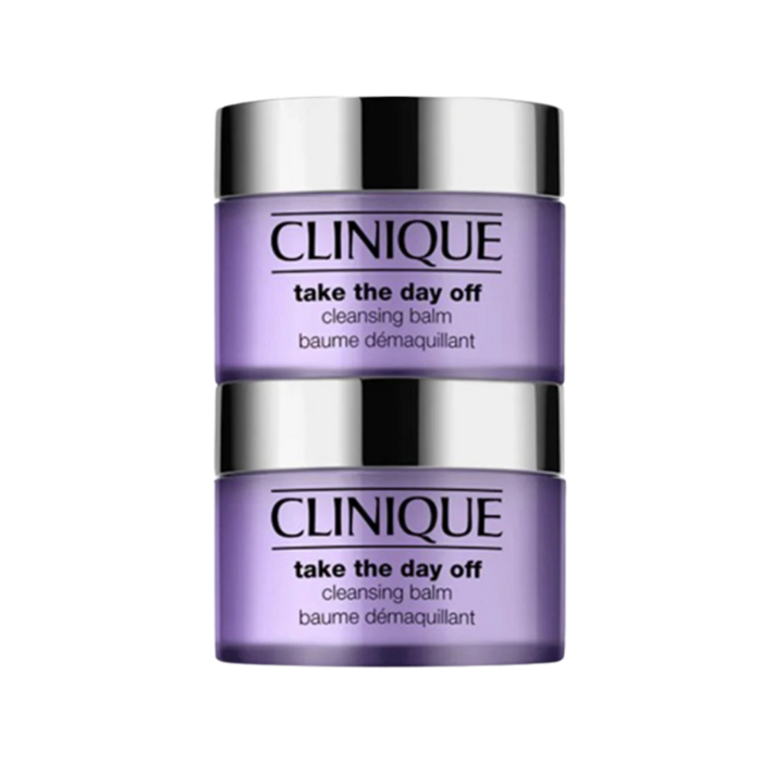Clinique Take The Day Off cleansing balm duo in purple jars with silver lids