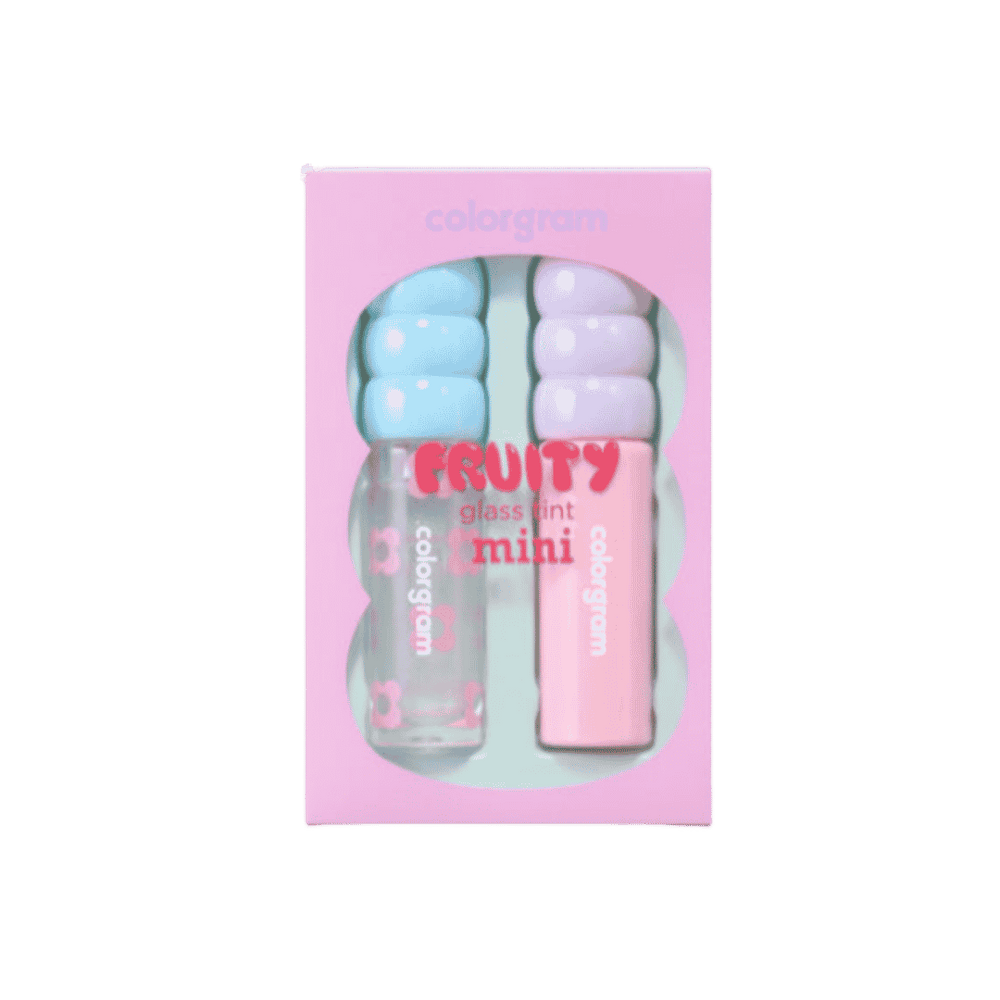 Colorgram Fruity Glass Tint Mini, two mini liquid lipsticks in pink and clear tubes with pastel blue and lavender caps, packaged in pink box, 1080x1080px 