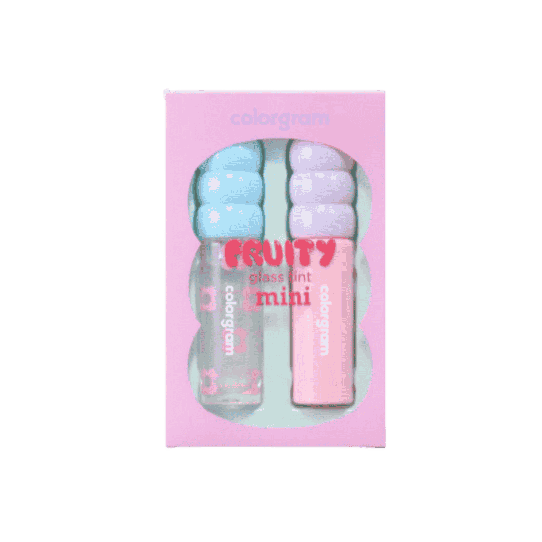 Colorgram Fruity Glass Tint Mini, two mini liquid lipsticks in pink and clear tubes with pastel blue and lavender caps, packaged in pink box, 1080x1080px 