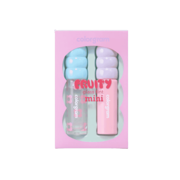 Colorgram Fruity Glass Tint Mini, two mini liquid lipsticks in pink and clear tubes with pastel blue and lavender caps, packaged in pink box, 1080x1080px 