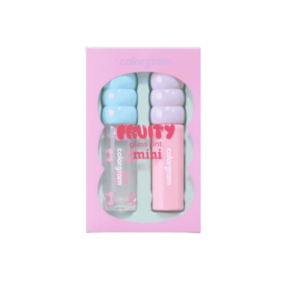 Colorgram Fruity Glass Tint Mini, two mini liquid lipsticks in pink and clear tubes with pastel blue and lavender caps, packaged in pink box, 1080x1080px 