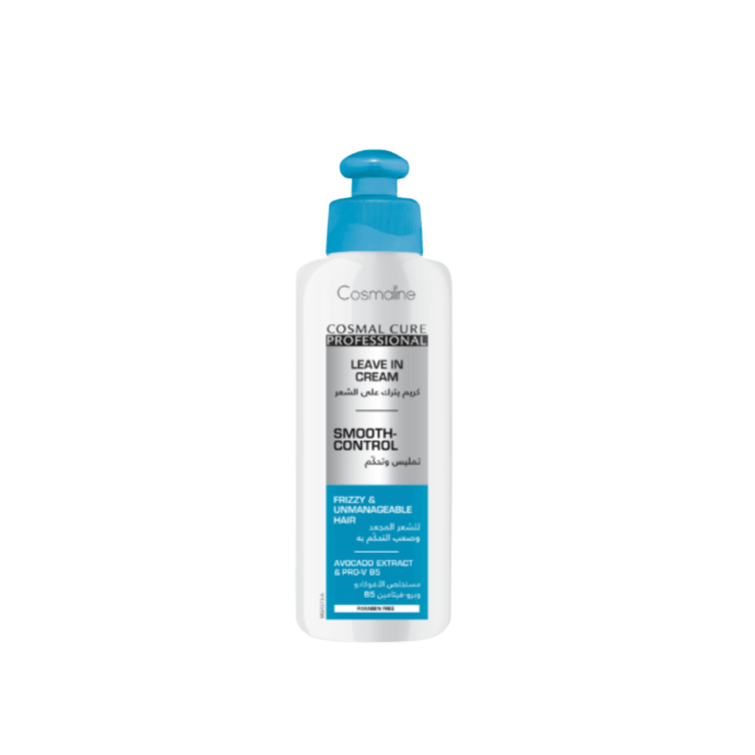 Cosmaline Cosmal Cure Professional Smooth-Control Leave-In Cream, white bottle with blue cap for frizzy hair