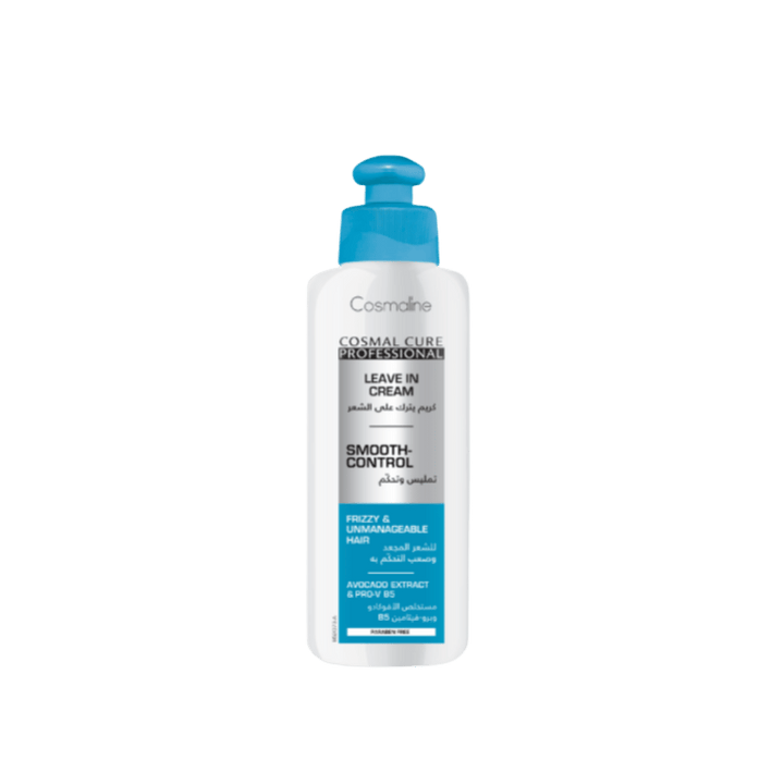 Cosmaline Cosmal Cure Professional Smooth-Control Leave-In Cream, white bottle with blue cap for frizzy hair