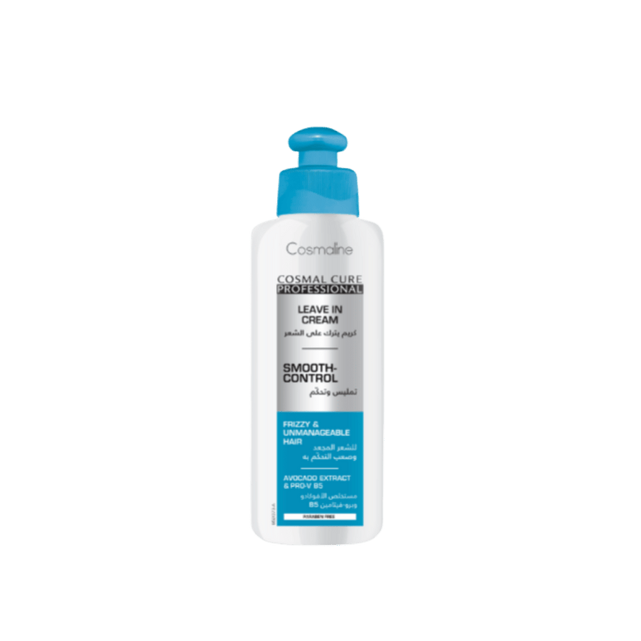 Cosmaline Cosmal Cure Professional Smooth-Control Leave-In Cream, white bottle with blue cap for frizzy hair
