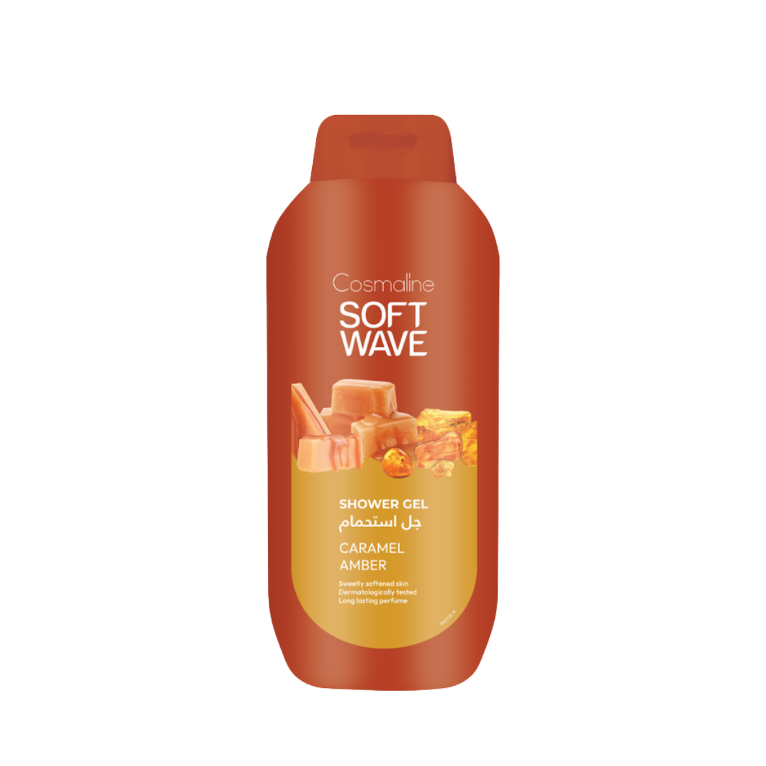 Cosmaline Soft Wave Caramel Amber shower gel, orange bottle with caramel and amber graphics.