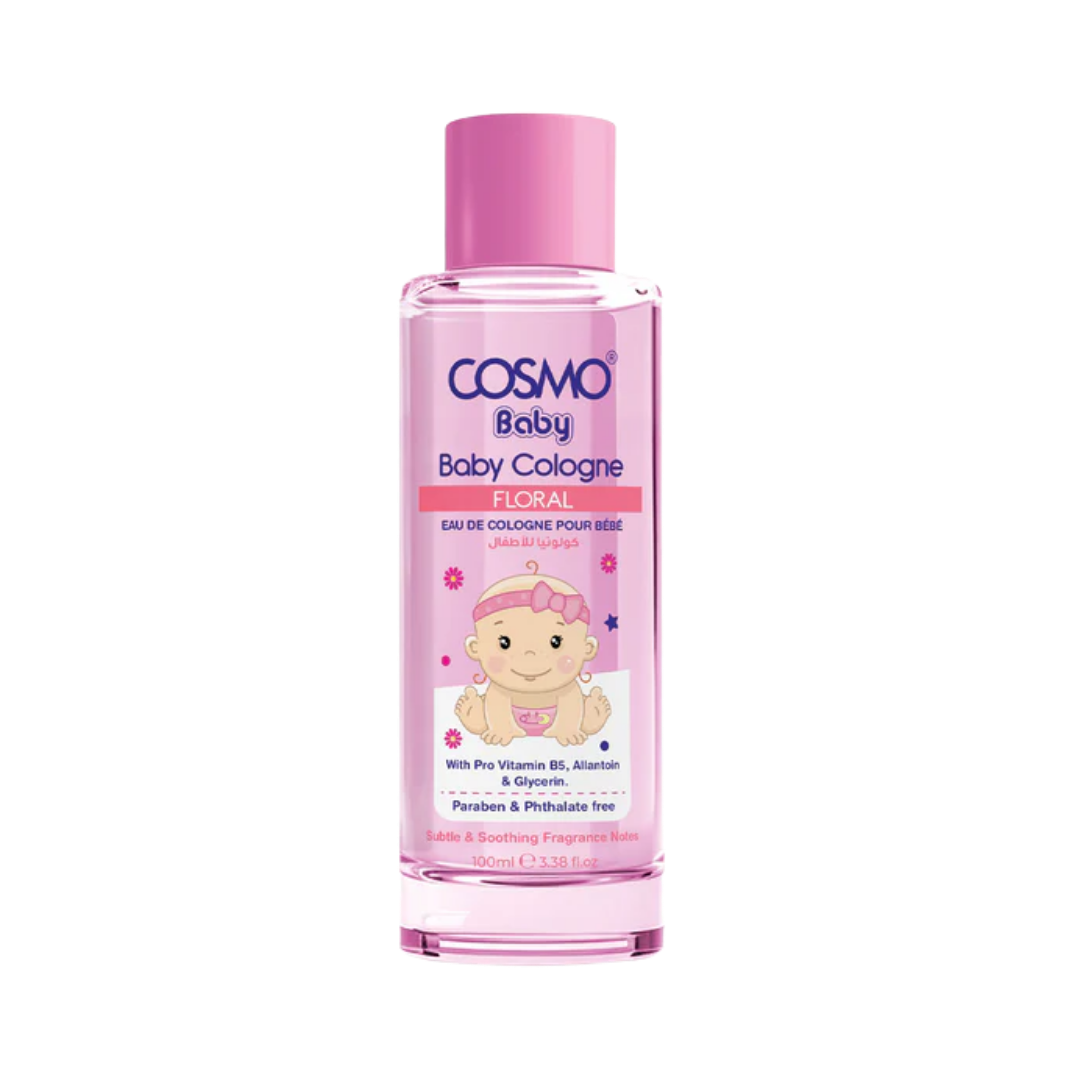 Cosmo Baby Baby Cologne Floral, pink bottle with pink cap, cartoon baby label, 100ml.
