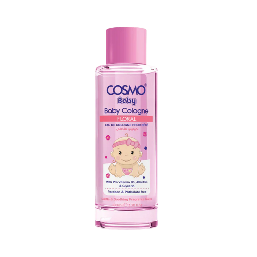 Cosmo Baby Baby Cologne Floral, pink bottle with pink cap, cartoon baby label, 100ml.
