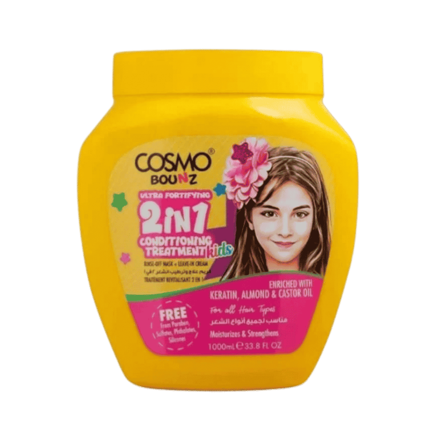 Cosmo Bounz Ultra Fortifying Kids 2-in-1 conditioning treatment, yellow 1000 ml jar with pink label.