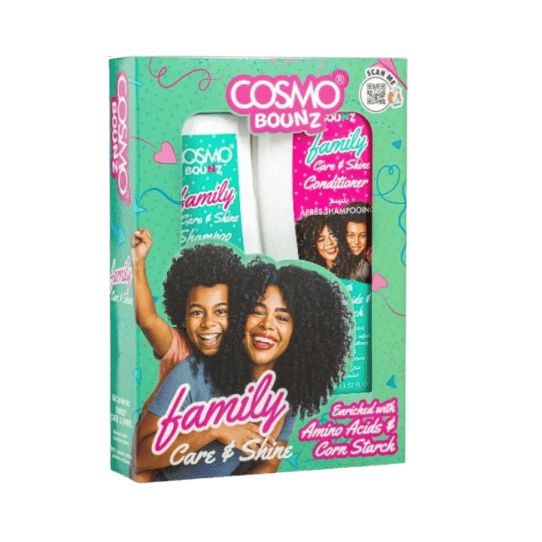 Cosmo Bounz Family Care & Shine shampoo and conditioner set, two 400 ml bottles in green illustrated box.