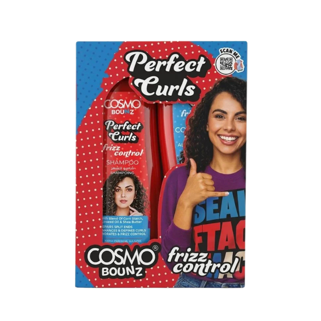 COSMO Bounz Perfect Curls shampoo and conditioner set, two 400ml red bottles in illustrated box