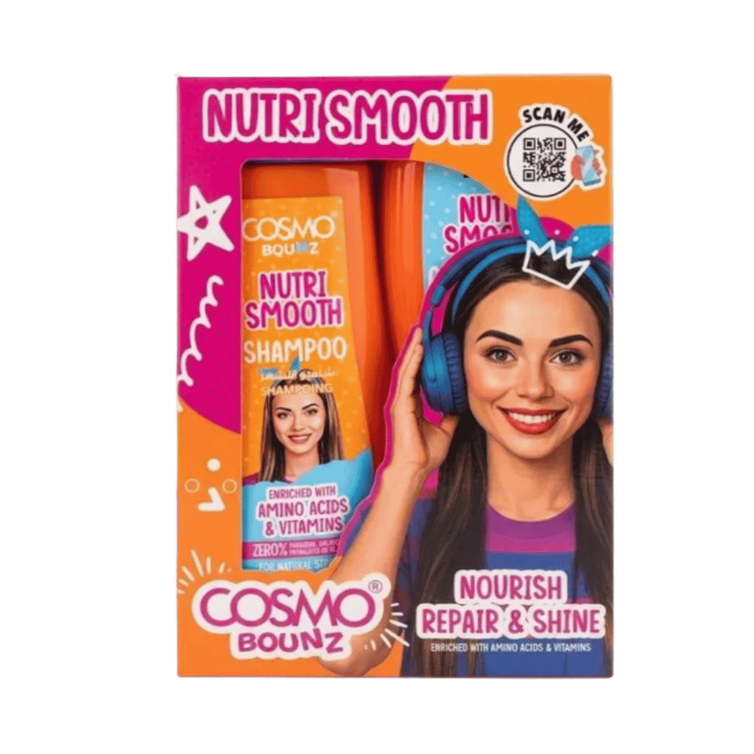 Cosmo Bounz Nutri Smooth shampoo and conditioner set, two 400 ml orange bottles in illustrated box.