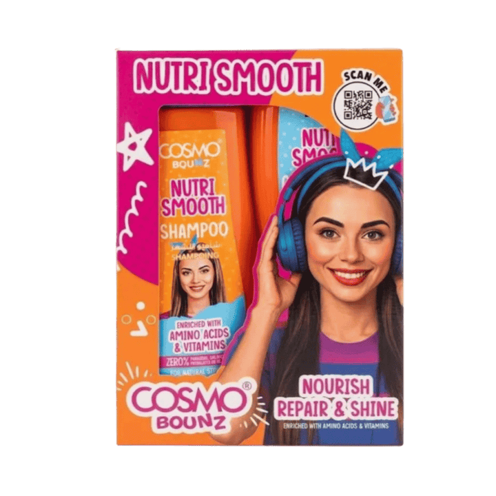 Cosmo Bounz Nutri Smooth shampoo and conditioner set, two 400 ml orange bottles in illustrated box.