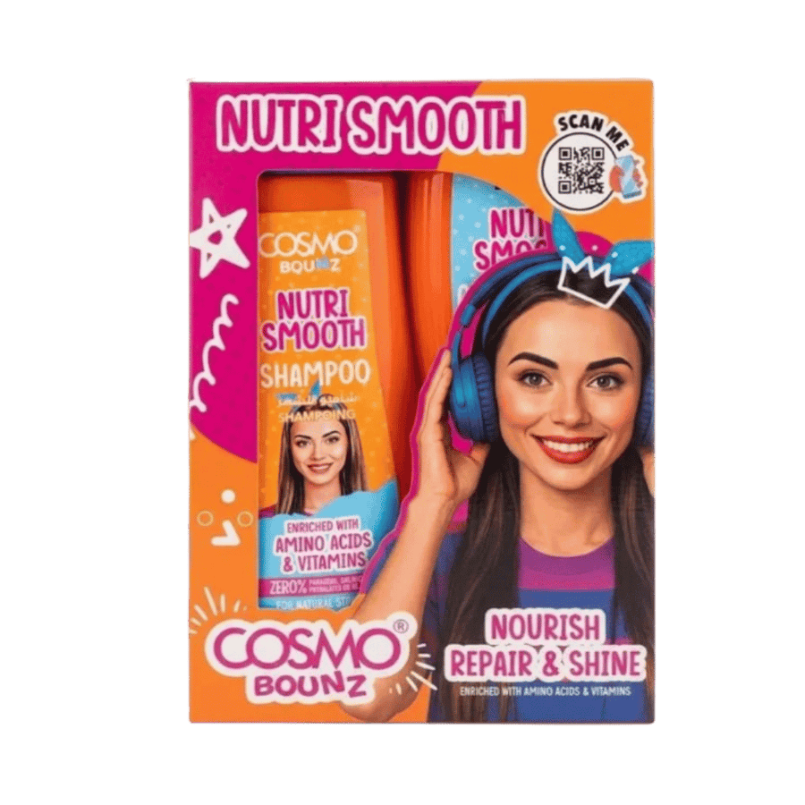 Cosmo Bounz Nutri Smooth shampoo and conditioner set, two 400 ml orange bottles in illustrated box.