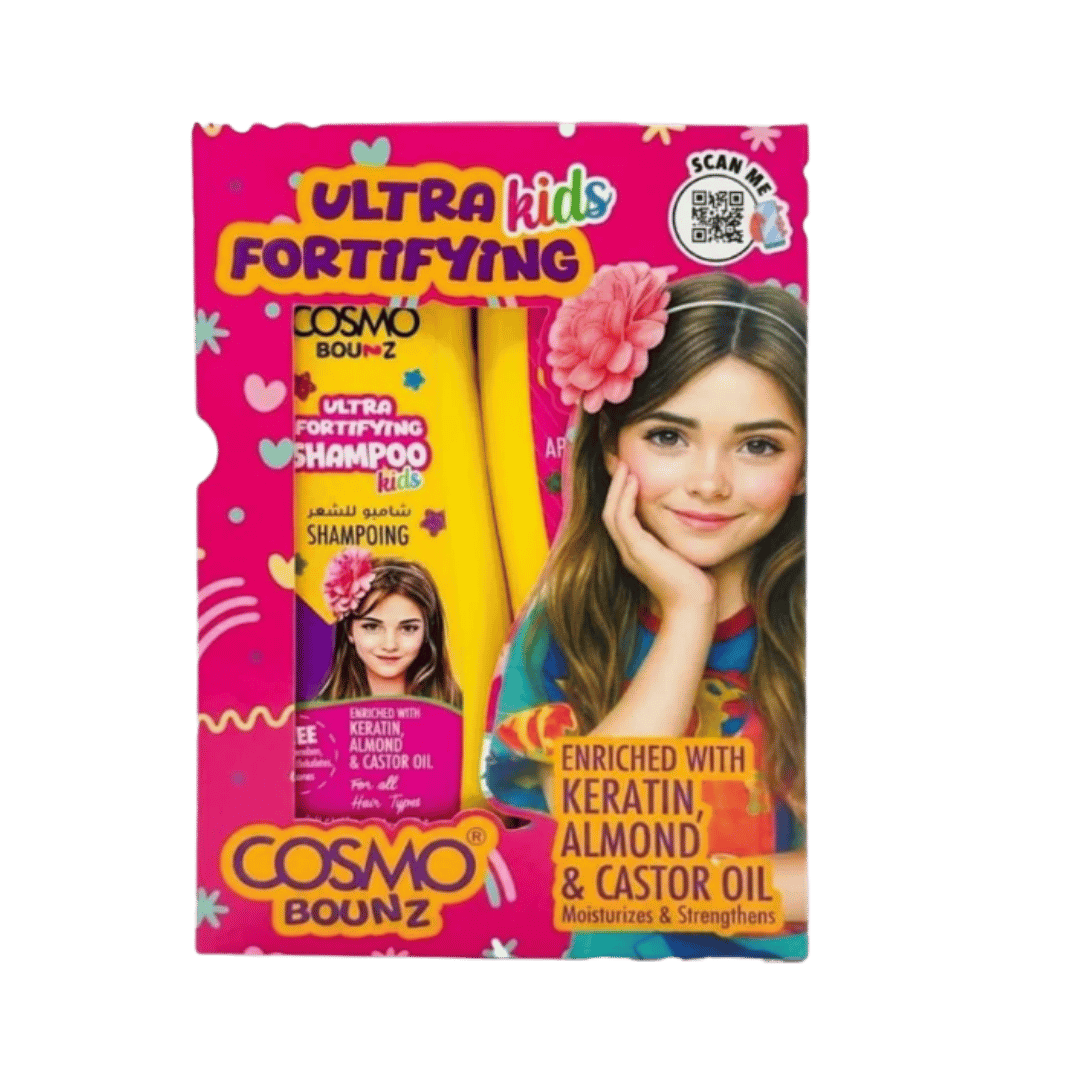 Cosmo Bounz Ultra Fortifying Kids shampoo and conditioner set, two 400 ml yellow bottles in pink box.